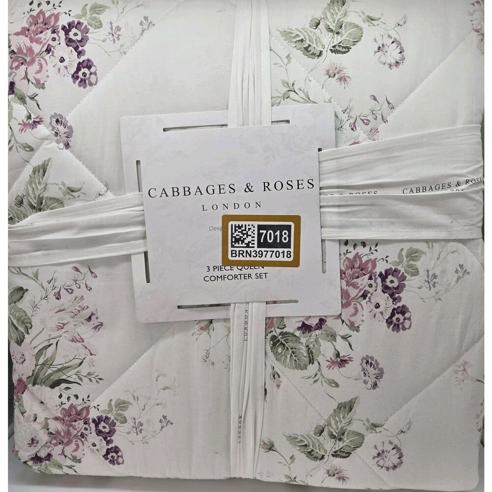 NEW Cabbages & Roses Constance Purple Pink Queen Comforter 3pc Set Cottage PEONY